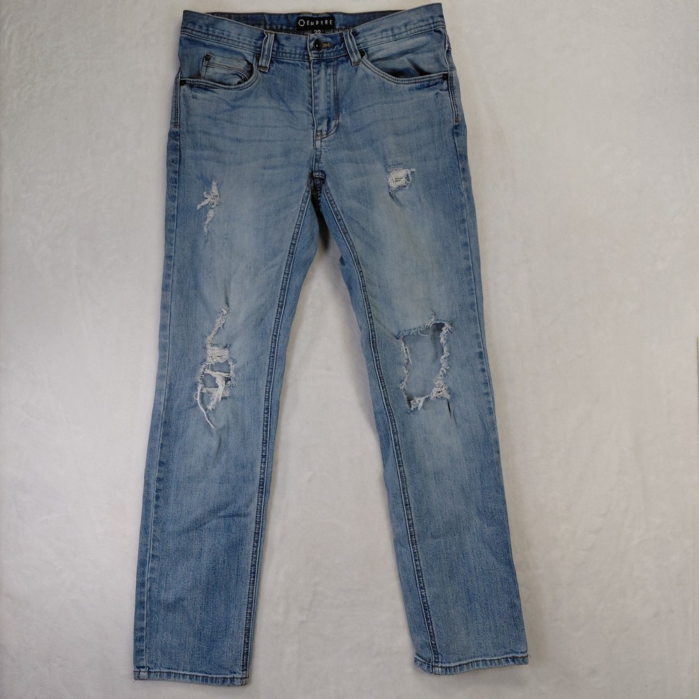 Empyre Mens Slim Fit Distressed Ripped Light‎ Wash Blue Denim Jeans Size 32x30